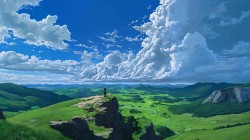 悬崖旷野 绿色田野 蓝天云海 绘画风景桌面壁纸