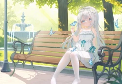 蓝眼睛脸红蝴蝶结连衣裙灰发萝莉长发连裤袜公园遮阳夏装连衣裙树水纹