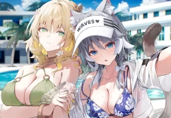 女孩 比基尼 蓝眼睛 脸红 蝴蝶结 马尾辫 猫耳 灰色头发 泳池 天空 泳衣