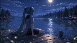 初音未来 湖边 码头 夜晚 动漫桌面壁纸