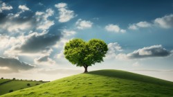 心形树 绿草地 天空 云 风景桌面壁纸