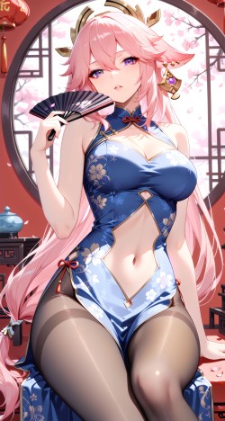 二次元游戏美女 粉毛阿姨原神八重神子壁纸 旗袍古风版