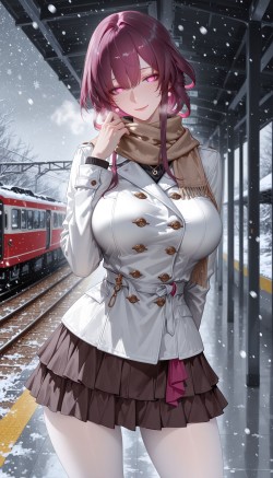 二次元游戏图片壁纸《崩坏星穹铁道》卡芙卡，火车站站台白丝袜肉肉腿