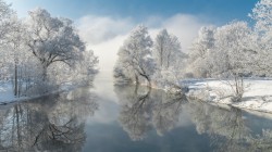 冬季雪景树林河流倒影风景高清壁纸