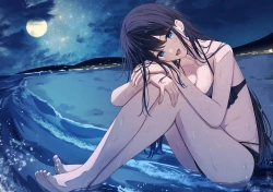 海滩 比基尼 黑发 蓝眼 脸红 云朵 长发 月夜 天空 星星 泳衣 湿水