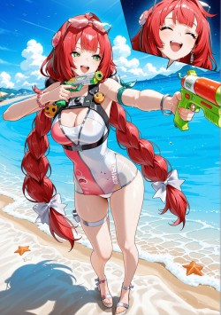 绝区零浮波柚叶 海边和柚叶一起打水枪 泳装比基尼 沙滩