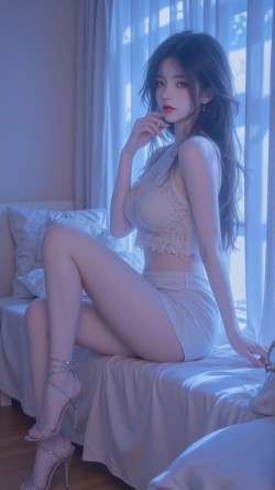 时尚女性 蕾丝上衣 短裙 高跟凉鞋 室内写真 蓝调光影