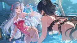 女孩 比基尼 腮红 蝴蝶结 项圈 吊袜带 灰色头发 头带 叶子 长发 项链 马尾 池 泳衣 树 水 眨眼 手腕饰品