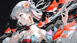 游戏鸣潮今汐 锦鲤 黑色背景 电脑桌面 超高清电脑壁纸