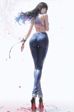 日向雏田牛仔裤高跟鞋大长腿，二次元火影忍者动漫人物时尚穿搭