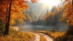 秋天的森林小路湖边风景桌面壁纸 组合使用素材分类下载精准搜索