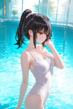 二次元少女 病娇 泳池 泳装比基尼 手机超高清壁纸