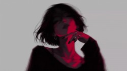 短发气势美女 黑红风 简单灰色背景 动漫电脑壁纸