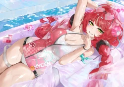 脸红 辫子 吊袜带 绿眼睛 长发 泳池 红发 紧身 太阳镜泳衣 双马尾 腕带