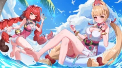 2个女孩 赤脚 脸红 辫子 兔女郎 项圈 衣服 红发 天空 水 手腕饰品