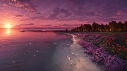 夕阳 沙滩 花田 海边风景壁纸