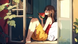 唯美 温馨 夏天 吃西瓜的女生 二次元桌面壁纸