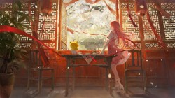 唯美国风 少女 红色裙子 房间 桌子 灯笼 窗 动漫壁纸