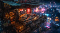 迷幻赛博朋克城市 高层空中露台 桌面壁纸