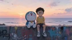 海边 涂鸦 哆啦a梦 大雄 动漫电脑壁纸