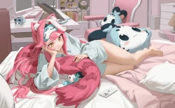 赤脚 床 脸红 微笑 猫娘 虚拟主播 睡衣 粉发 衬衫 尾巴