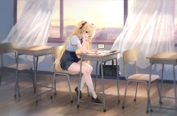 金色头发 脸红 书 蝴蝶结 尖牙 过膝袜 长发 手机 红眼睛 衬衫 裙子 日落 双马尾 眨眼