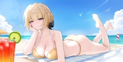 光脚 海滩 比基尼 金发 脸红 船 蝴蝶结 云朵 我的猫 紫眼睛 短发 天空 泳衣