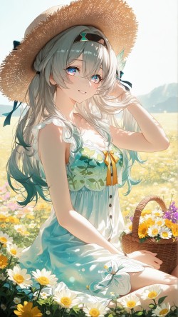 崩坏星穹铁道流萤 户外花海草帽二次元美少女手机壁纸