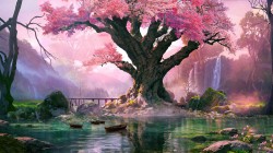 粉红色的树 小溪 瀑布 河流 小船 唯美绘画 风景桌面壁纸