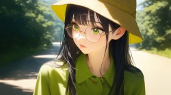 戴着帽子行走在热辣太阳马路上的动漫眼镜女孩桌面壁纸美图