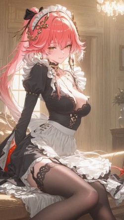 鸣潮 长离 赞妮 珂莱塔，女仆装吊带丝袜黑丝美腿