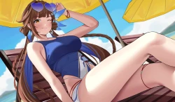 海滩 脸红 棕色眼睛头发 云彩 太阳镜 泳衣 双马尾 雨伞 眨眼 腕带