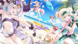 赤脚 海滩 比基尼 辫子 云 吊袜带 团体 枪 虚拟主播 牛角 肚脐 马尾 短裤 天空