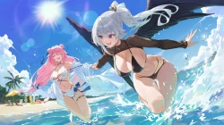 女孩 赤脚 海滩 比基尼 脸红 蝴蝶结 云 饮料 吊袜带 肚脐 马尾辫 丝带 天空 泳衣 树 伞 水翼