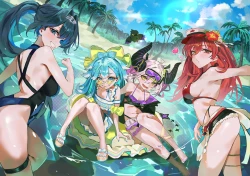 动物_赤脚_海滩_比基尼_鸟_蝴蝶结_辫子_云_吊袜带_灰发_团体_心_虚拟主播_爱丽丝_马尾_红发_天空_泳装