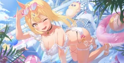 比基尼 脸红 樱桃 项圈 云 饮料 尖牙 花朵 叶子 花瓣 马尾 池 天空 毛巾 水 眨眼