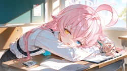 双色眼睛_蓝色档案_脸红_书_萝莉_长发_粉色头发_校服_衬衫_草图_裙子_高桥_星野_领带