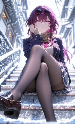 二次元游戏美女 崩坏星穹铁道 黑丝裙子皮鞋大长腿 雪景楼梯