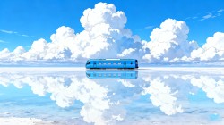 蓝天云层 湖面 蓝色的列车风景桌面壁纸