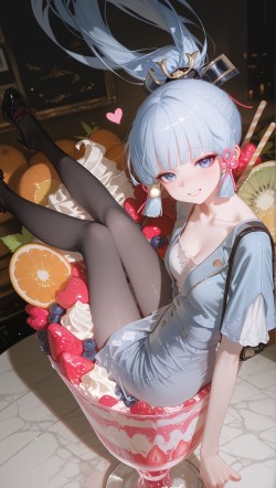 原神手游神里绫华二次元壁纸，创意冰淇淋黑丝大长腿元气少女