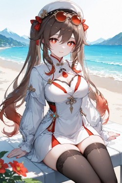 海边 二次元少女 女孩【原神 胡桃】黑丝美腿 丝袜