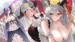 动物_围裙_蓝桥_鸟_脸红_蝴蝶结_辫子_连衣裙_尖牙_头饰_角_长发_女仆_粉色_头发