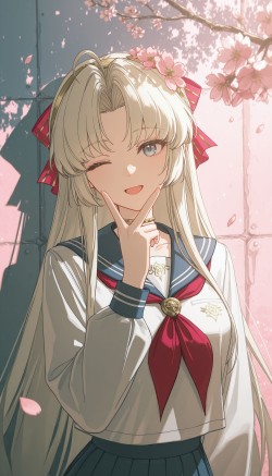 鸣潮ai绘画人物角色壁纸，樱花靠墙二次元唯美高清壁纸图片