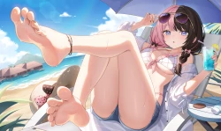 赤脚 海滩 比基尼 蓝眼睛 蝴蝶结 辫子 云朵 喝酒 长发 粉色头发 阴凉 短裤 天空 泳衣 遮阳伞 水
