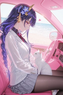 开着粉色车车，带上猫猫去海滩 同人图 原神