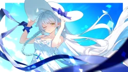 蝴蝶结 编织 近 连衣裙 帽子 长发 尖耳朵 丝带 少先队员 夏季 连衣裙 白发 眨眼 黄色眼睛