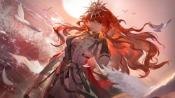 头饰 红眼睛 红头发 日落 水 咆哮的海浪