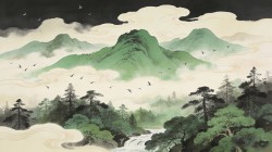 绿色树林 山峦 云 瀑布 溪流 绘画 高清风景桌面壁纸