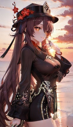 原皮加强版性感胡桃 原神空月之歌 日落唯美背景 超清