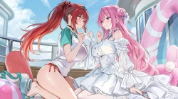 女孩 球 比基尼 脸红 蝴蝶结 头带 长发 粉发 马尾 红眼睛 红发 泳衣